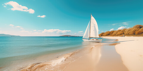 Coastal adventure, Beautiful beach with sailing boat, embracing active lifestyle. A sailing boat docked on the beach, nobody. Horizontal wallpaper.