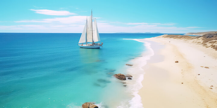 Coastal adventure, Beautiful beach with sailing boat, embracing active lifestyle. A sailing boat docked on the beach, nobody. Horizontal wallpaper.