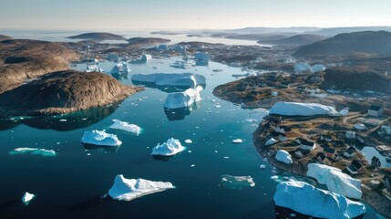 Drone aerial photograph of icebergs depicting global warming and climate change. - obrazy, fototapety, plakaty