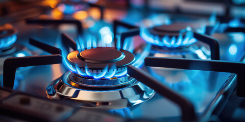 Kitchen gas stove burner with blue flame transparency. Horizontal banner with burning gas stove burner on the kitchen stove. Economic crisis, the cost of gas rising.  - obrazy, fototapety, plakaty