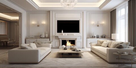 Luxury living room interior with fireplace, generative ai