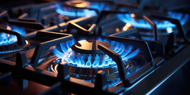 Kitchen gas stove burner with blue flame transparency. Horizontal banner with burning gas stove burner on the kitchen stove. Economic crisis, the cost of gas rising. 