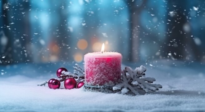 Christmas candle with burning flame on the snow, generative ai