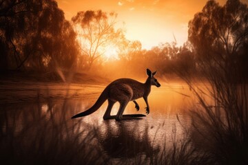 Majestic kangaroo hopping across Australian landscape., generative IA