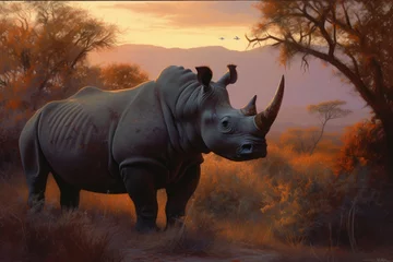 Foto op Canvas Majestic rhino emerges on the savannah at sunset.  PowerfulNature, generative IA © Gabriel