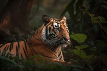 Fototapeta na wymiar Majestic tiger rests in the jungle at dusk., generative IA