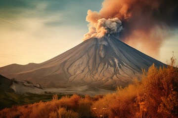 A majestic volcano erupting, a scene of strength and beauty., generative IA