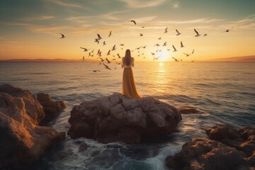 Fototapeta premium Singing mermaid in golden sea with seagulls., generative IA