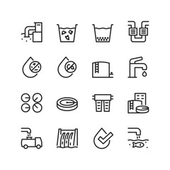 Water treatment, linear style icons set. Water treatment facilities, industry. Stages of technology, equipment. Filtration, removal of impurities and hazardous elements. Editable stroke width