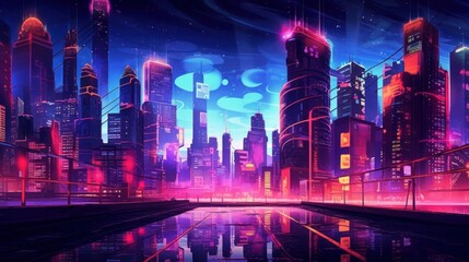 Neon Background with Neon Cityscape. AI generated