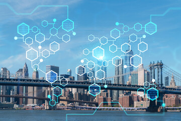 Brooklyn and Manhattan bridges with New York City financial downtown skyline panorama at day time over East River. Decentralized economy. Blockchain, cryptography and cryptocurrency concept, hologram - obrazy, fototapety, plakaty