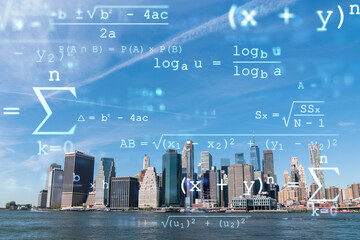 Skyline of New York City Financial Downtown Skyscrapers over East River from park, Dumbo at day time, Manhattan. Technologies and education concept. Academic research, top ranking university, hologram