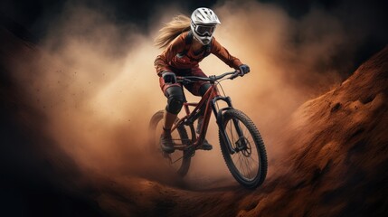 Obraz premium A female bicyclist riding in a mountainous terrain. Extreme cycling. Cycling sport