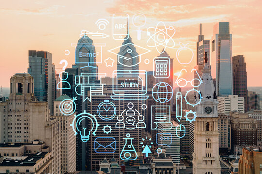 Aerial panoramic skyline of Philadelphia financial downtown, Pennsylvania, USA. City Hall Clock Tower at sunset. Technologies, education concept. Academic research, top ranking universities, hologram