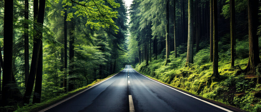 Road in the green lush forest. 21 to 9 aspect ratio. Generative AI