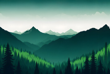 Nature's Panoramic Adventure Illustration of Mountainous Forest Landscape with Dark Green Silhouettes, Featuring Fir Trees, Valleys, and Majestic Peaks