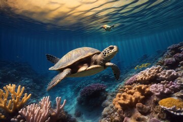 A Turtle Swimming Over A Colorful Coral Reef