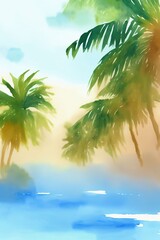 Fototapeta na wymiar A Painting Of A Beach With Palm Trees