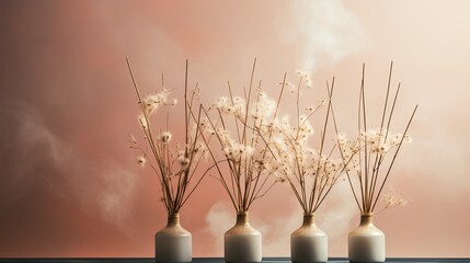 Incense sticks on a stand burn with smoke, an expensive aroma in the house, decoration and aromatization of the room with cinnamon and cloves on a light background. Concept: meditation and relaxation