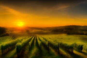 A Painting Of A Sunset Over A Vineyard