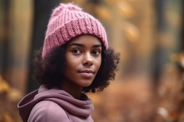 Pretty young afro-american woman in pink knitted cap in an autumn park, copyspace. Generative AI
