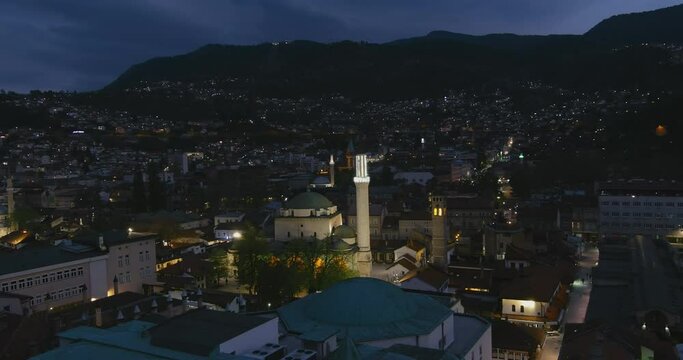 Gazi Husrev Beg Mosque and Clock Tower in Sarajevo at Night - 4K