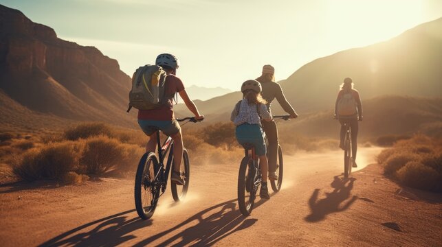 Ai generative image of Family Mom, Dad and kids on a bike ride in a mountainous area. tourists