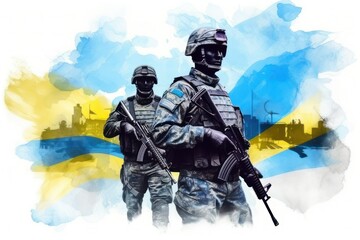 Silhouettes of soldiers with weapons, army on background of national flag of Ukraine, watercolour illustration