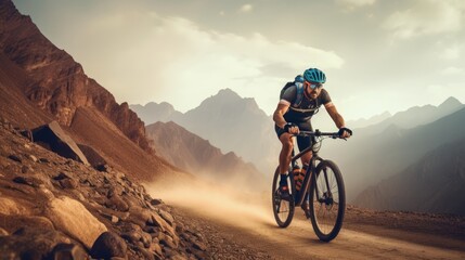 A male bicyclist riding in a mountainous terrain. Extreme cycling. Cycling sport