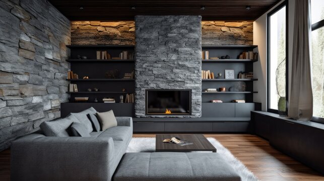 Gray sofa on dark hardwood flooring in front of stone fireplace with built in storage in grey and brown living room design. Generative AI