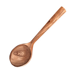 Empty wooden spoon from top view isolated on a white background. Hand drawn watercolor illustration of kitchenware. For displaying your food, products packaging design, decoration compositions.