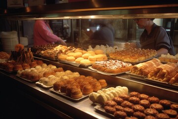 Busy pastry shop displaying a variety of steaming pastries. Tantalizing aroma in the air., generative IA