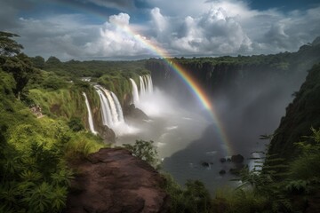 Majestic waterfalls, rainbows, lush nature., generative IA