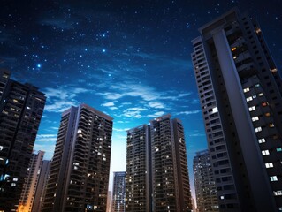 Fototapeta na wymiar A city at night with a sky full of stars. Generative AI.