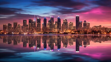 Obraz premium A view of a city at night from a lake. Generative AI.