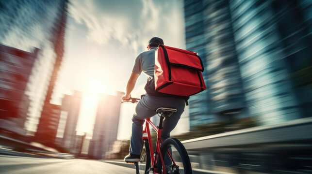 Ai generative image of food delivery man riding a bicycle on a city street with a large backpack on sunset