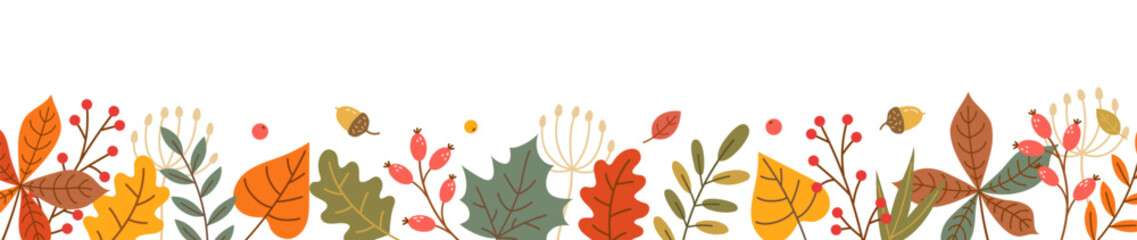 Autumn leaf fall horizontal banner. Thanksgiving and Harvest Day. Border with hand drawn cute colorful leaves. Vector illustration. © Anna Bova