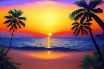 Fototapeta na wymiar A Painting Of A Sunset On A Tropical Beach