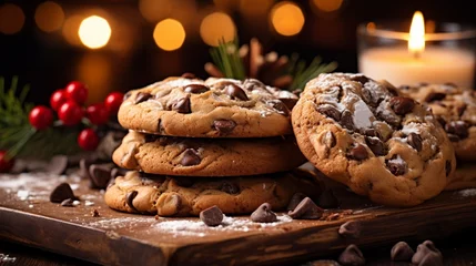 Papier Peint photo Lavable Pain Sugar Dusted Chocolate Chip Cookies with Seasonal Backdrop