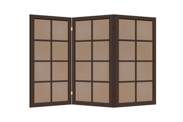 Dark folding screen with wooden frame and glass or paper walls to use in toilet room as divider. Three-fold paravan in japan style. Vector illustration.