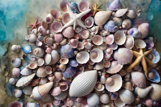 A Painting Of Seashells And Starfish On The Beach