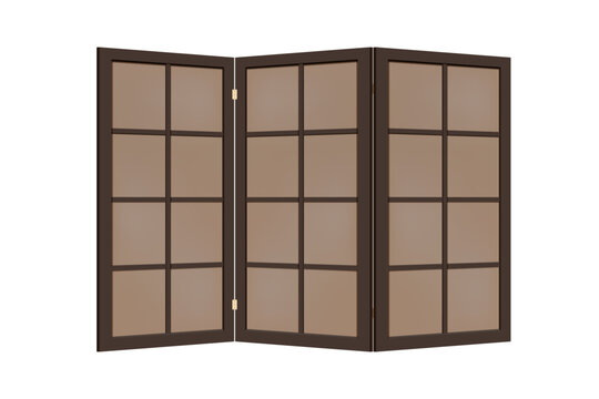 Dark folding screen with wooden frame and glass or paper walls to use in toilet room as divider. Three-fold paravan in japan style. Vector illustration.