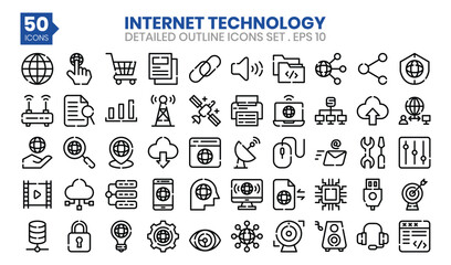 Internet Technology (outline) icons set. The collection includes business and development, programming, web design, app design, and more.