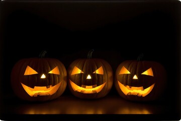 Three Jack O Lantern Pumpkins Lit Up In The Dark