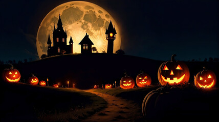 Halloween pumpkins (Jack-o’-lanterns) against the silhouette of a creepy castle on a hill and a full moon. Halloween concept