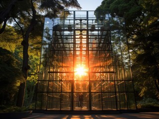 The sun is setting behind a glass structure. Generative AI.
