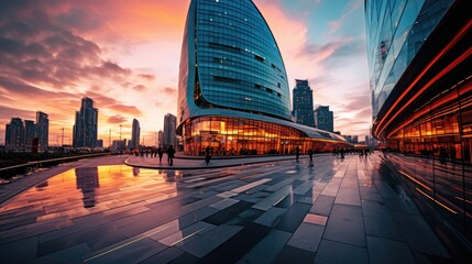 A view of a city at sunset with a building in the background. Generative AI.