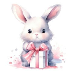 Obraz premium Cute watercolor bunny with gift box