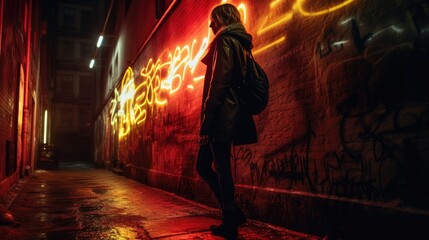 A person standing in front of a wall with graffiti on it. Generative AI.