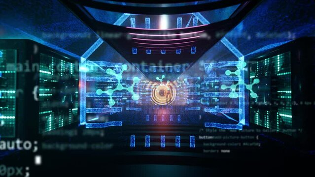 moving forward in futuristic tunnel room. Holographic projections and ai robots working around. Modern science fiction animation